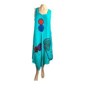 JUNGLEE BILLEE Rayon Boho Dress FREE SIZE Teal Abstract Art Sleeveless India #5